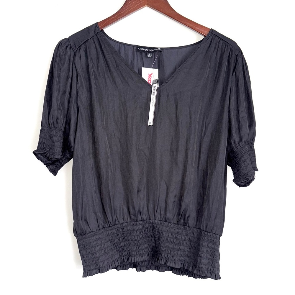 CATHERINE MALANDRINO New $58 Womens Large Black Short Sleeve Silky Smocked Top